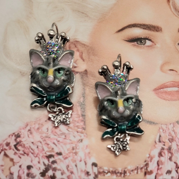 Vintage Estate Collectible Signed Kirks Folly Princess Kitty Silver Earrings - Picture 8 of 11